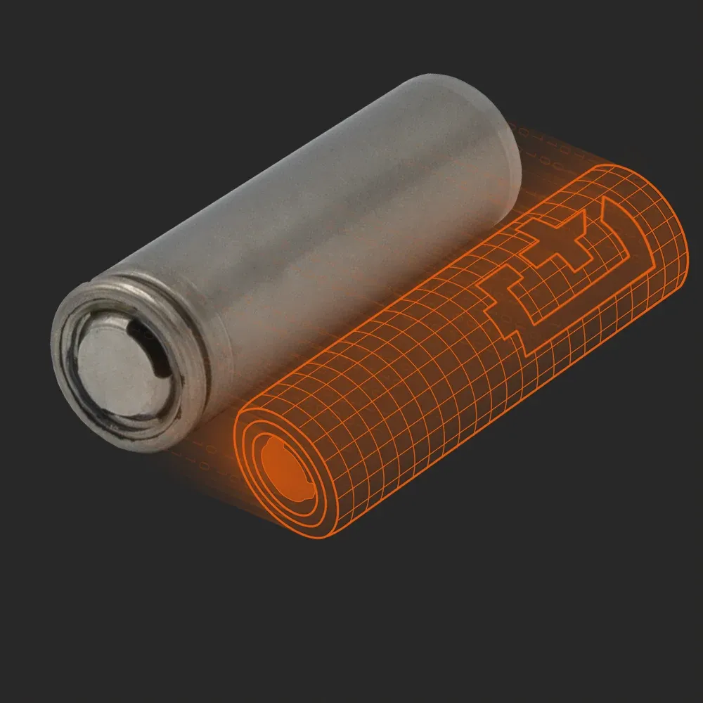 Innolith High Energy 21700 (A): the physical cell next to its Batemo model
