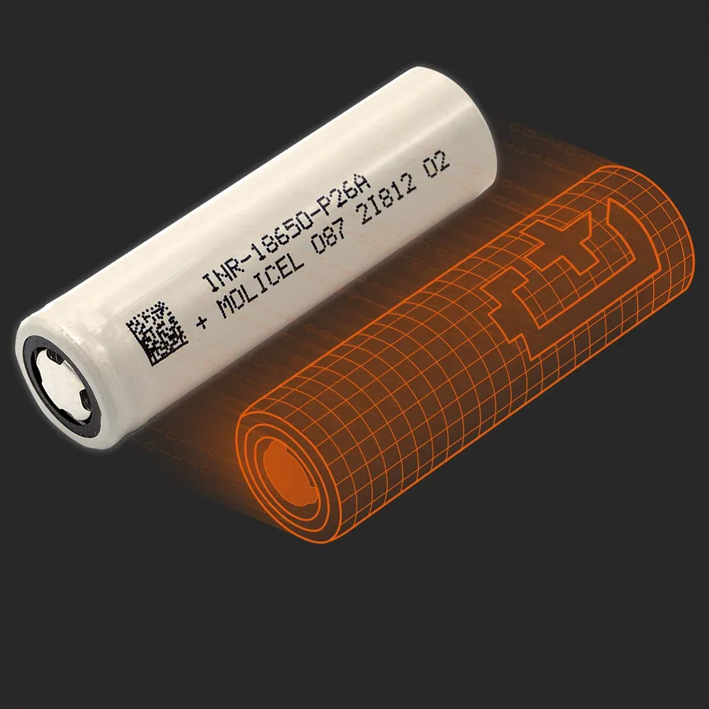 Molicel INR18650-P26A: the physical cell next to its Batemo model