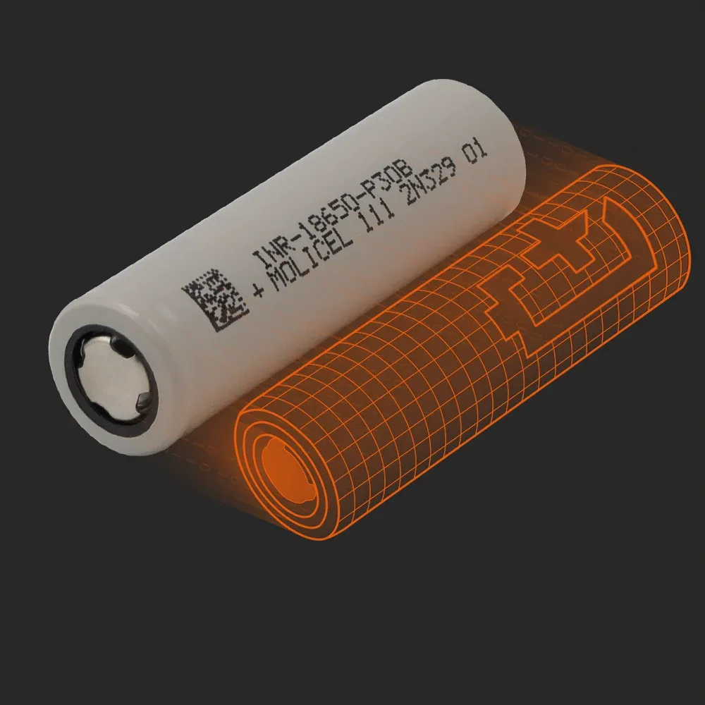 Molicel INR18650-P30B: the physical cell next to its Batemo model