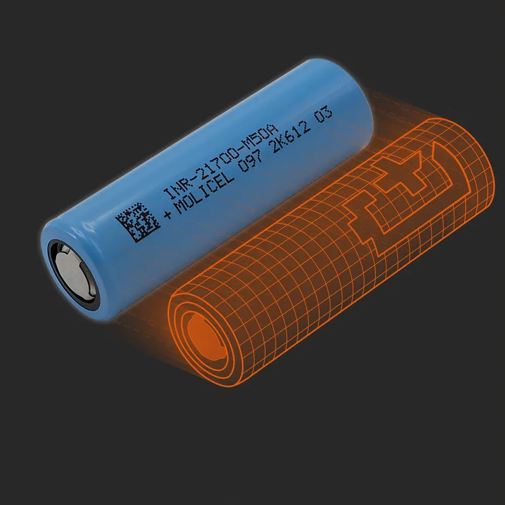 Molicel INR21700-M50A: the physical cell next to its Batemo model