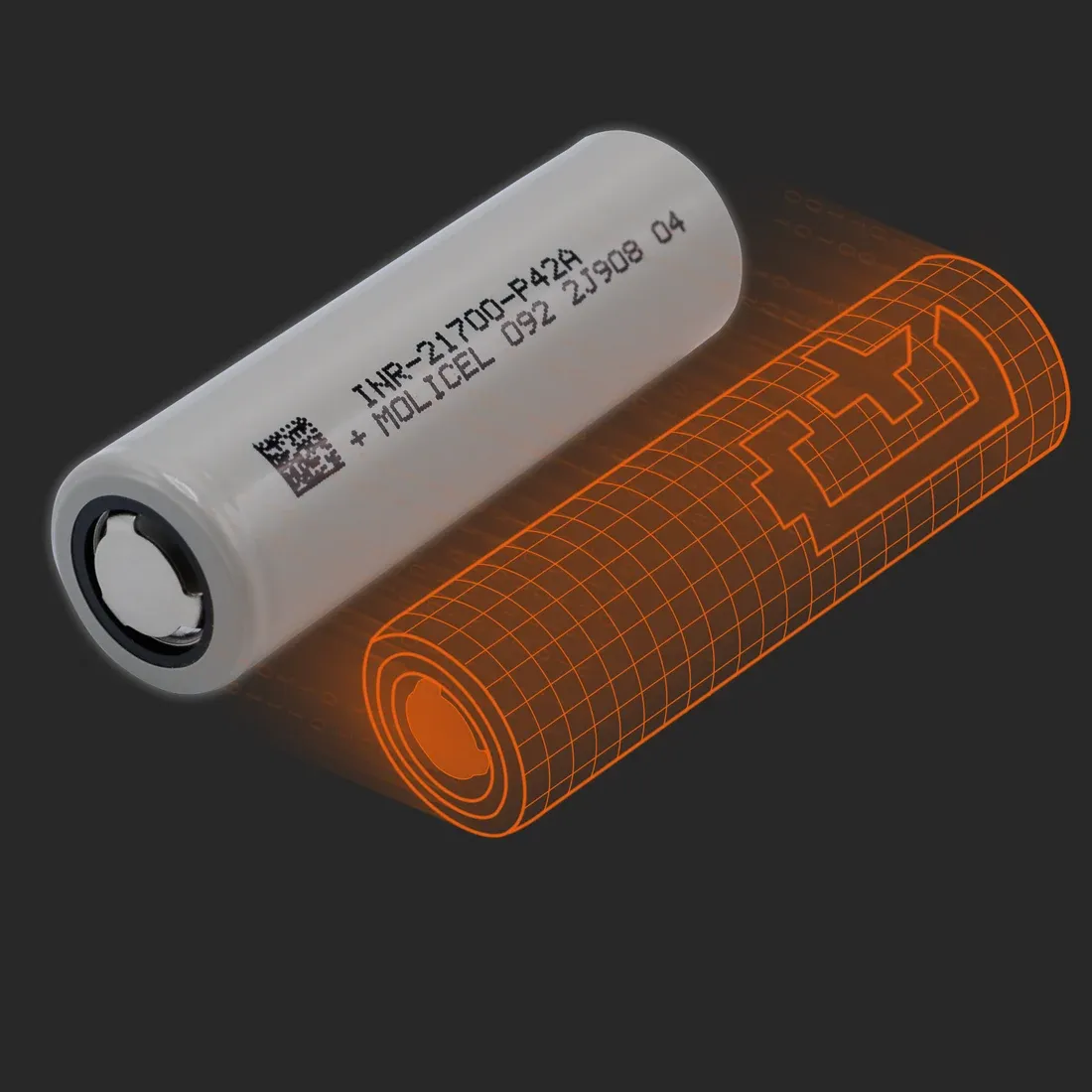 Molicel INR21700-P42A: the physical cell next to its Batemo model