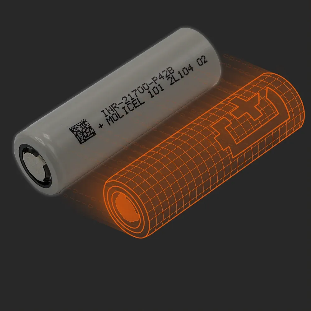 Molicel INR21700-P42B: the physical cell next to its Batemo model
