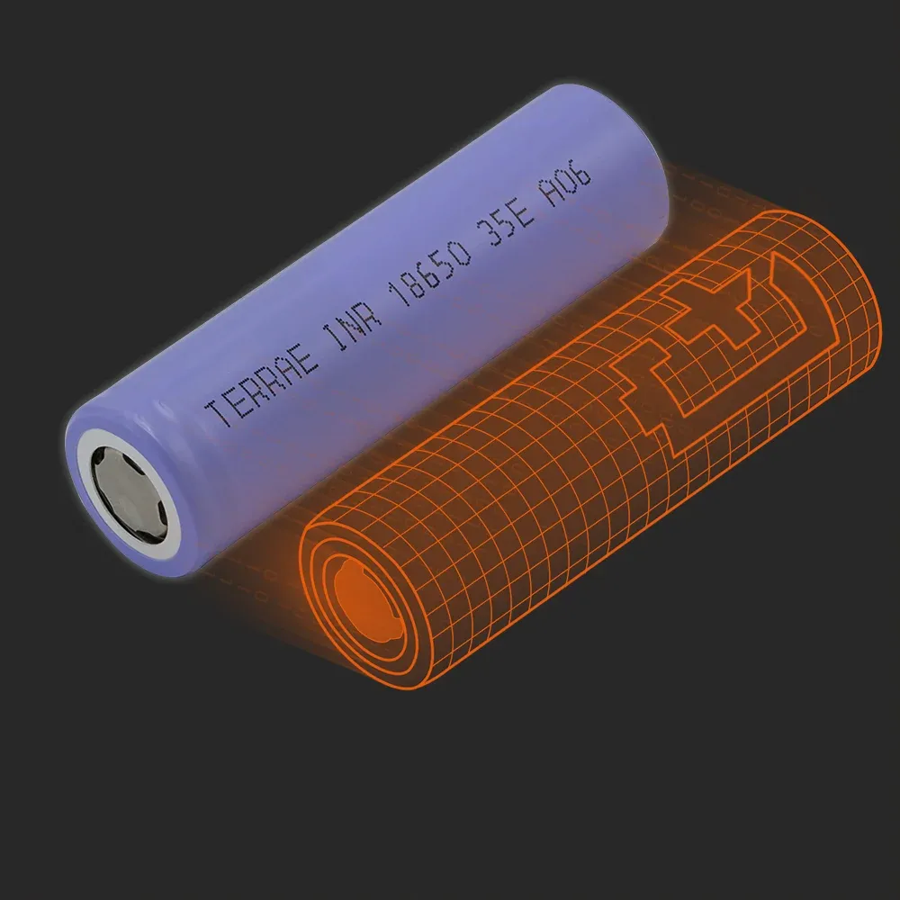 TerraE INR18650-35E: the physical cell next to its Batemo model