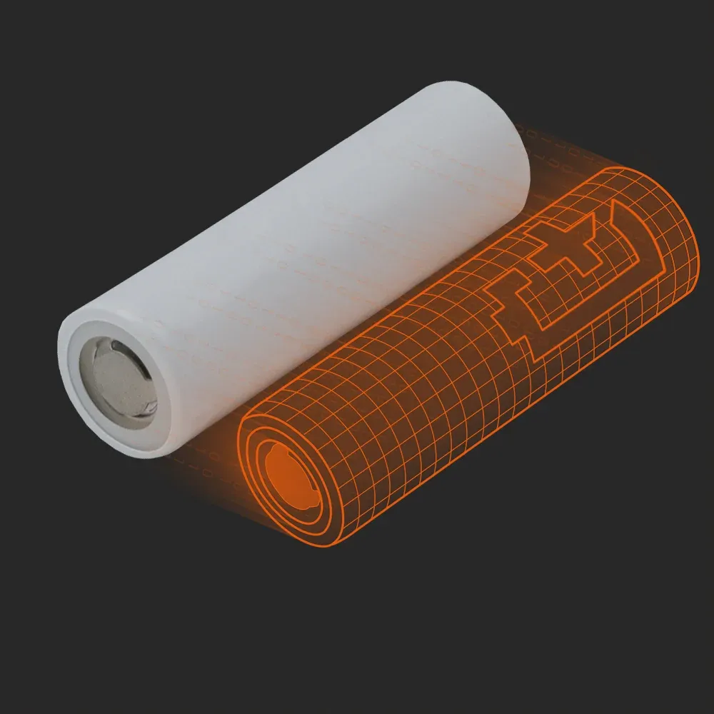 TerraE INR21700-40P: the physical cell next to its Batemo model