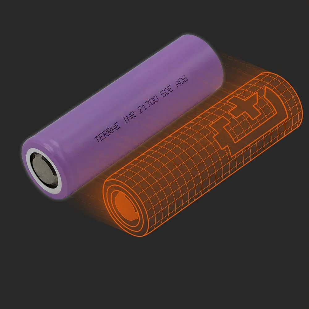 TerraE INR21700-50E: the physical cell next to its Batemo model