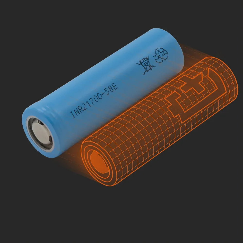 TerraE INR21700-58E: the physical cell next to its Batemo model